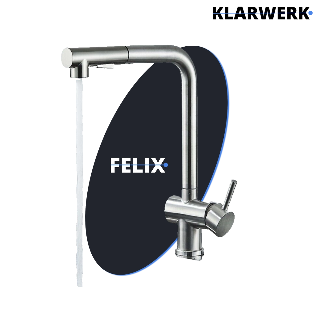 FELICE| Rubinetto da cucina estraibile Premium in acciaio inox argento spazzolato |Miscelatore canna dritta|gastronomia alta pressione 360° 2 attacchi