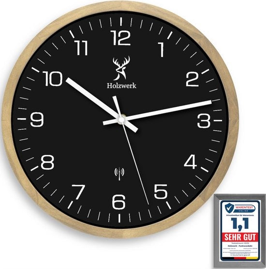 Orologio radiografico a muro in legno, orologio radiocomandato, orologio in legno, orologio silenzioso senza ticchettio, legno di betulla marrone, nero e bianco, silenzioso, legno massello naturale, 30 cm (Hw.beuken-zwart.)