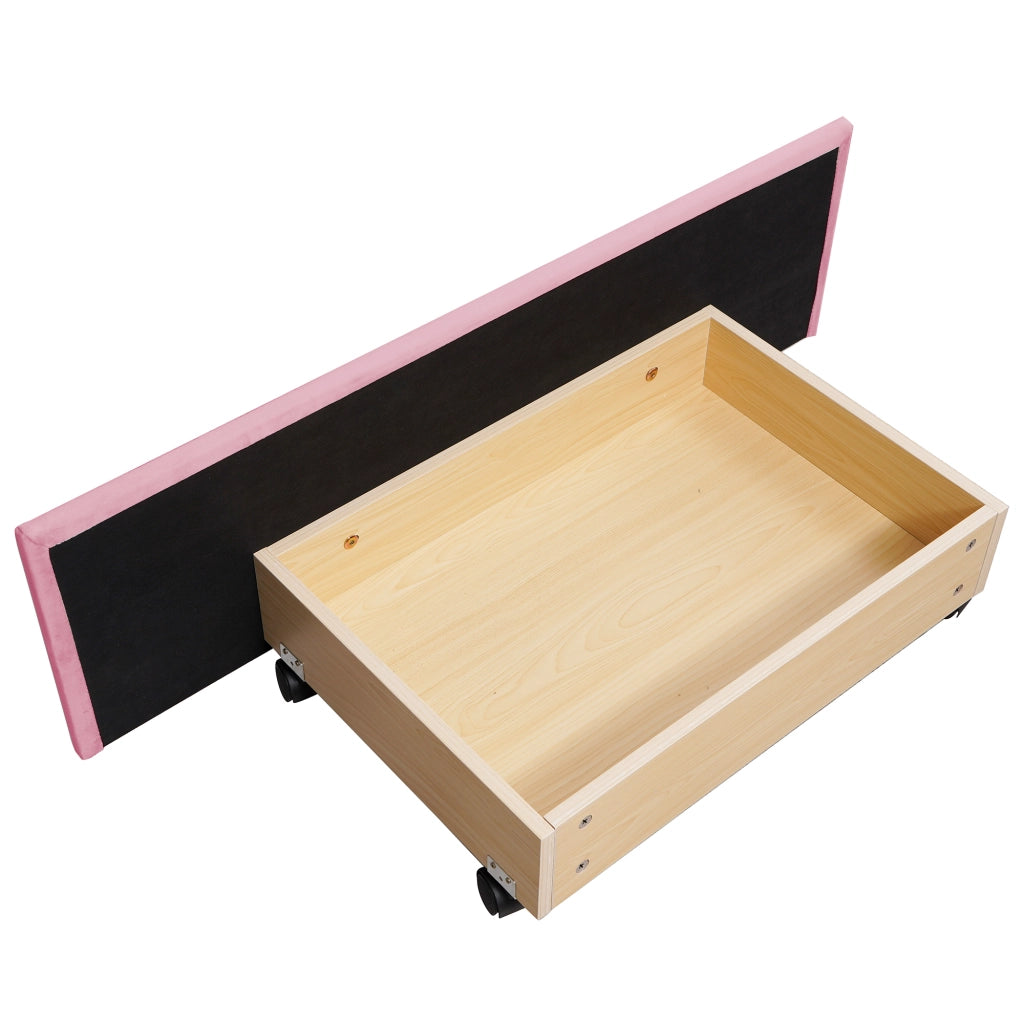 Letto singolo 90×200 cm con rete e cassetto; senza materasso; velluto; rosa