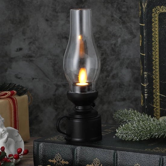 Lanterna a Batterie Senza Fiamma per Sala da Pranzo – Lampada da Terra LED – Lampada a Vetro Cristallo – A Batteria – Per Camera da Letto e Salotto – Nero