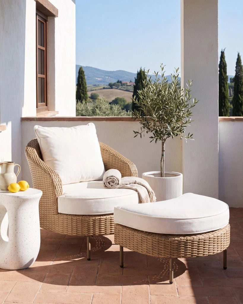 Poltrona da giardino in rattan in vimini beige con poggiapiedi esterno giardino stile boho