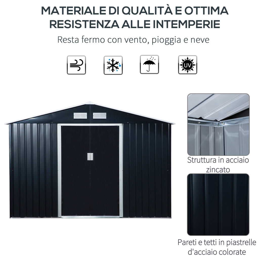 EasyComfort Casetta in Acciaio con Fondazione, 4 Prese d'Aria e 2 Porte Scorrevoli, 277x195x192 cm, Grigio Scuro