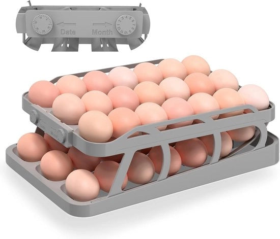 Eiercontenitore per frigorifero, doppio rango uova, conservazione, frigorifero, doppio contenitore automatico uova, organizzatore rotolante uova, contenitore uova spaziale per cucina (grigio, 3 righi e 2 piani)