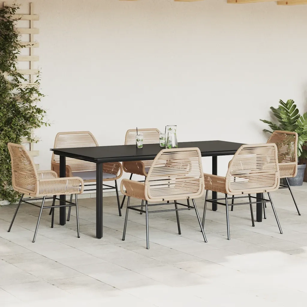 Set Pranzo da Giardino 7pz con Cuscini Marrone Polyrattan Vetro