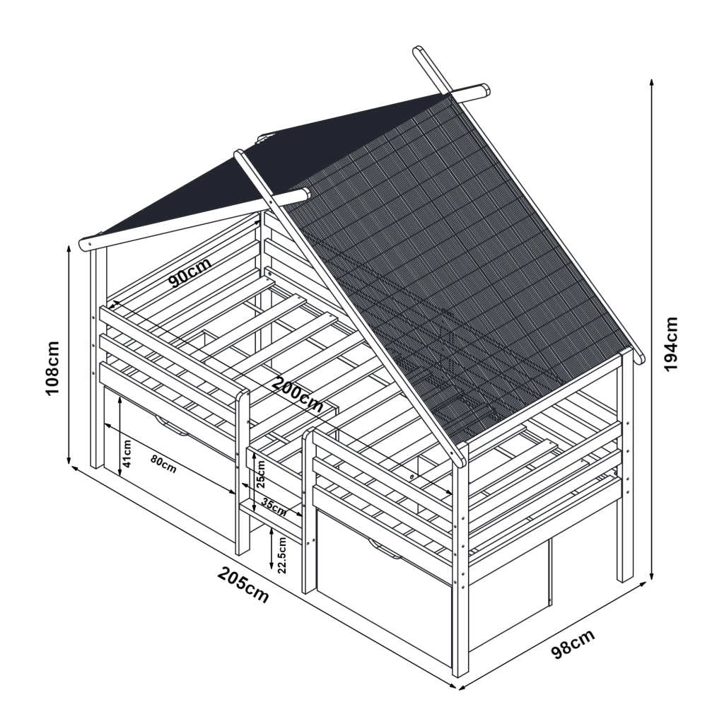 Letto Casetta per Bambini Surnadal 90x200 cm in Legno di Pino con Cassetti e Sbarre [en.casa]