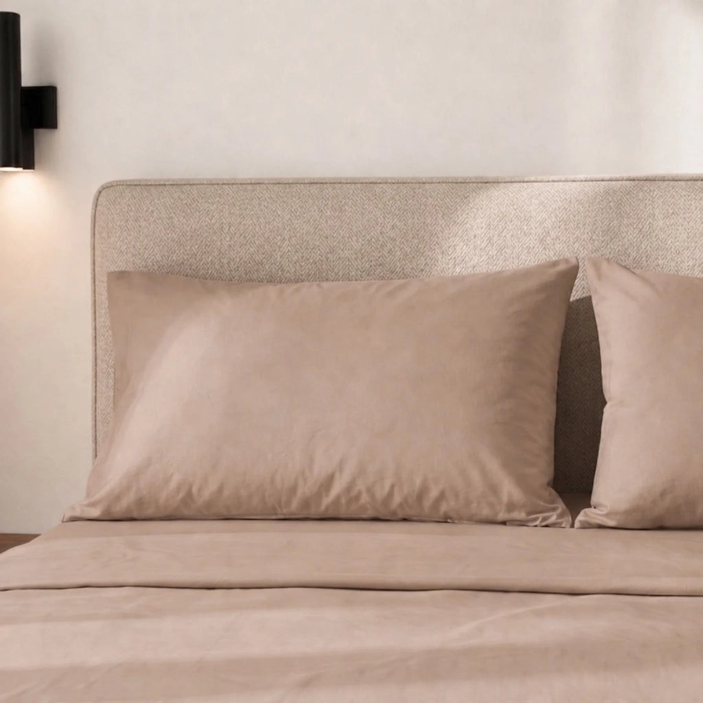 Set Lenzuola Letto Una Piazza e Mezza in Cotone Percalle 200 TC Mocha | Lenzuolo Piano 190x295 cm, lenzuolo con angoli 130x200 cm e Tasca da 28 cm, 1 Federa | Made in Italy