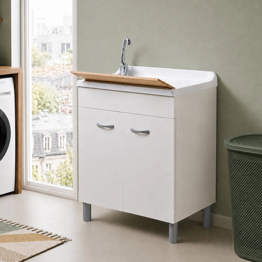 Mobile lavatoio 79x50 cm bianco opaco con ante e vasca incluso di asse di lavaggio e kit di scarico Medea