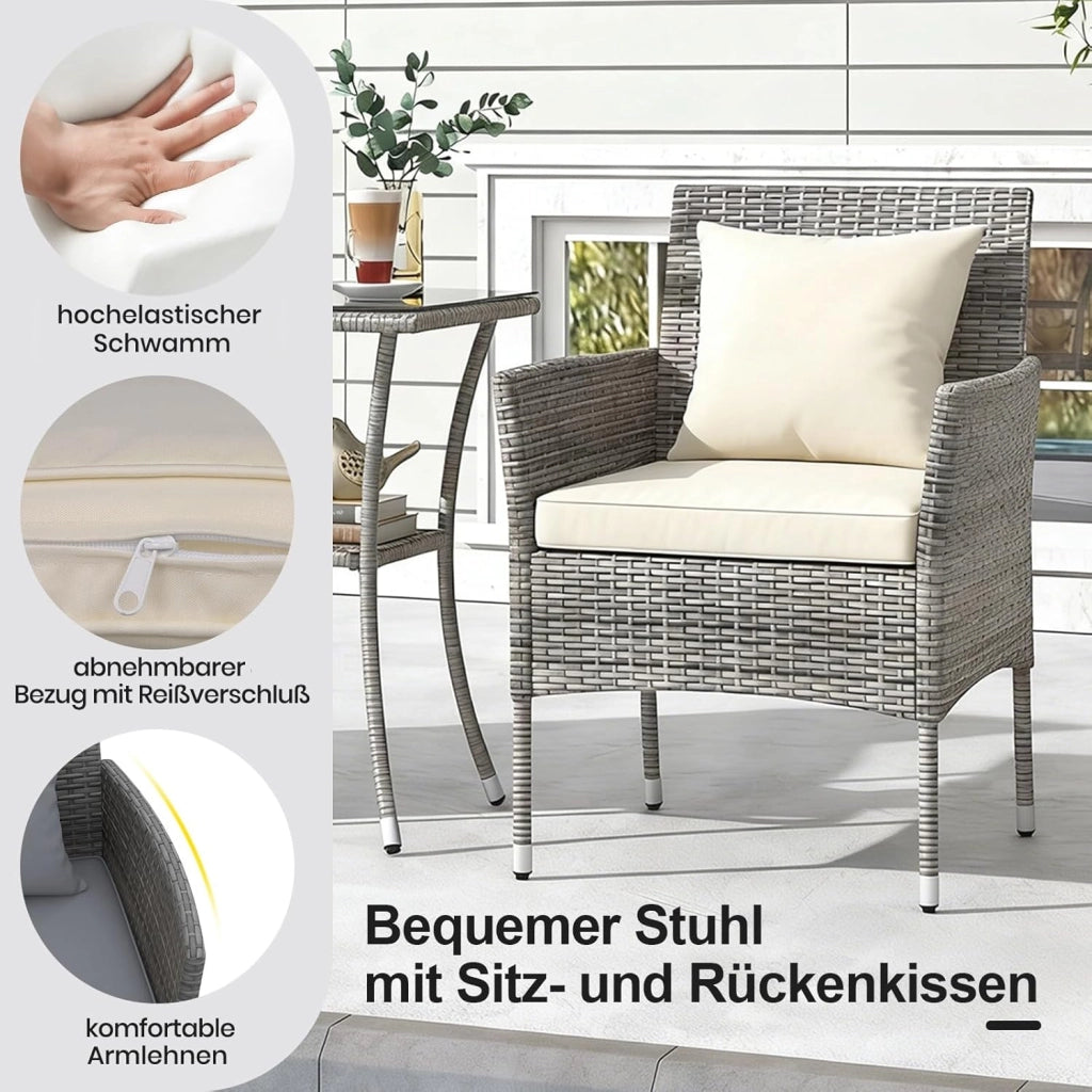 Set Mobili da Balcone 3 Pezzi, Set da Bistrot con Tavolo e 2 Sedie in Rattan con Cuscini, Mobili da Giardino per Balcone e Esterno