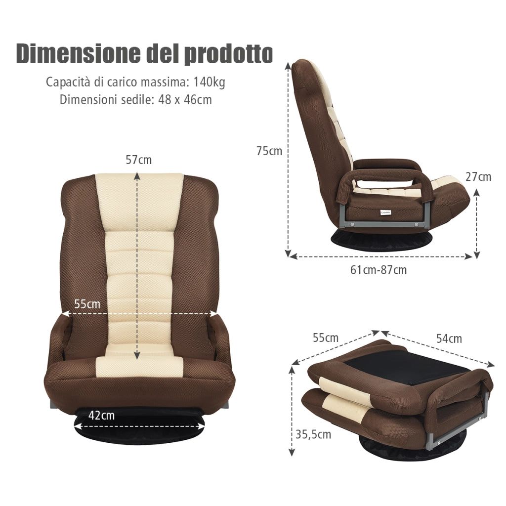 Sedia da gaming pieghevole da terra, Sedia regolabile in 6 posizioni con base girevole a 360¡ã Marrone scuro-Divani da terra