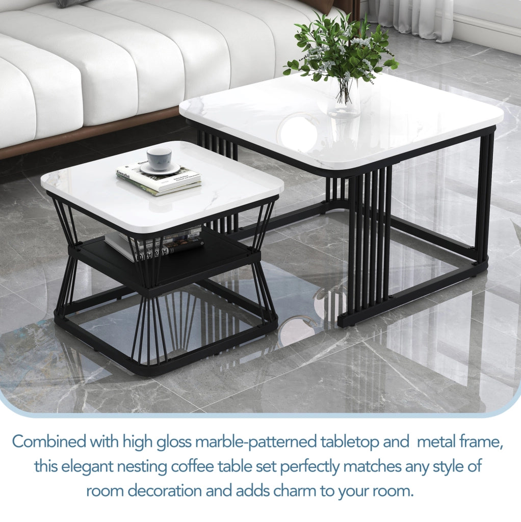 Set di 2 tavolini da salotto moderni in MDF effetto marmo; struttura in acciaio nero; bianco