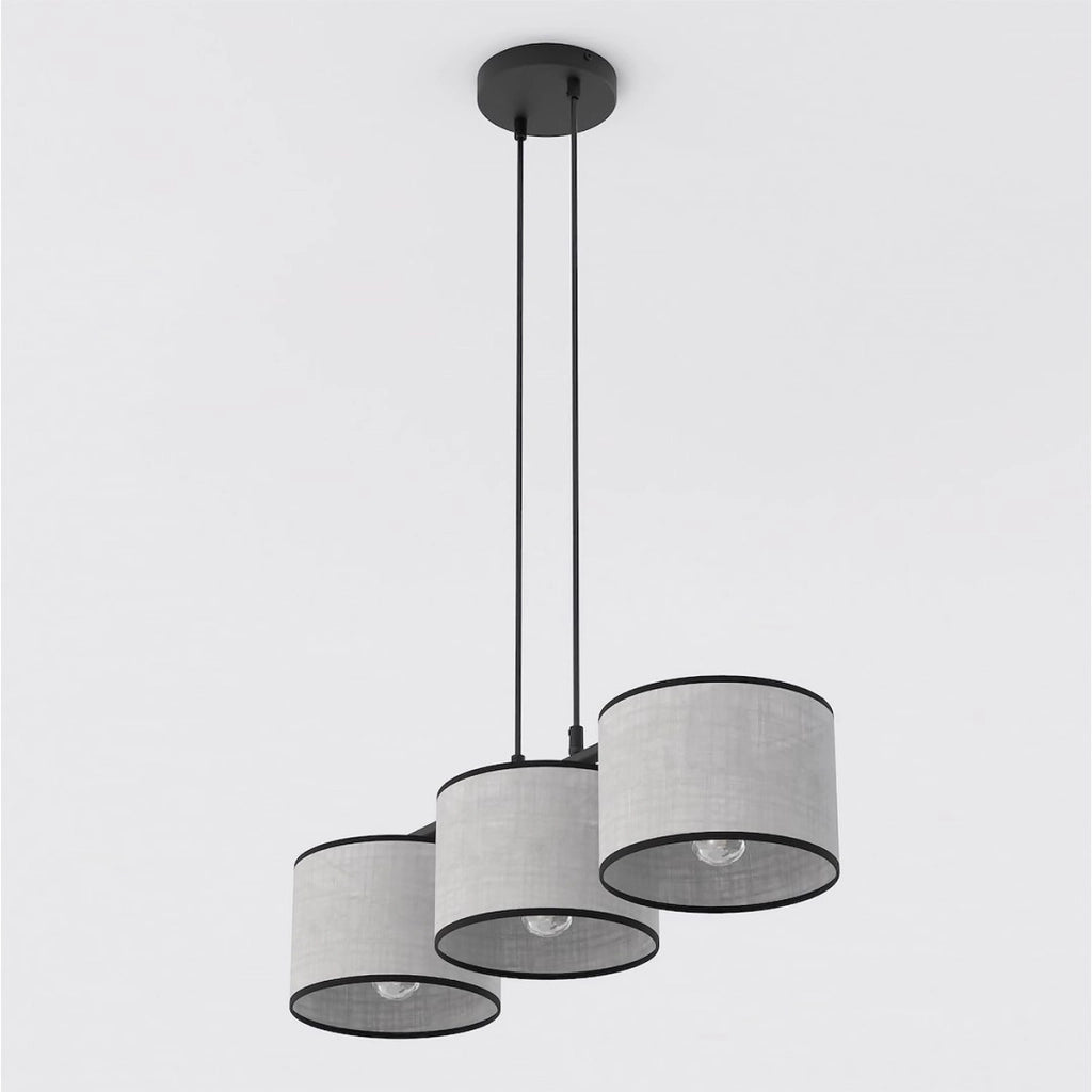 Lampada a sospensione Eco con tre luci in acciaio nero e tessuto grigio