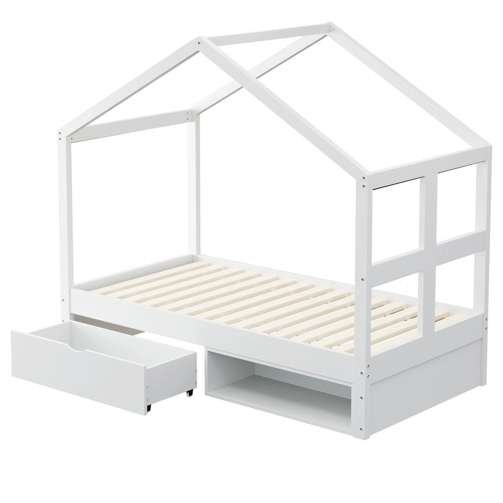 Letto singolo con LED - Zephmum- 90¡Á190 cm- Bianco- Cassetti e armadietto per scarpe