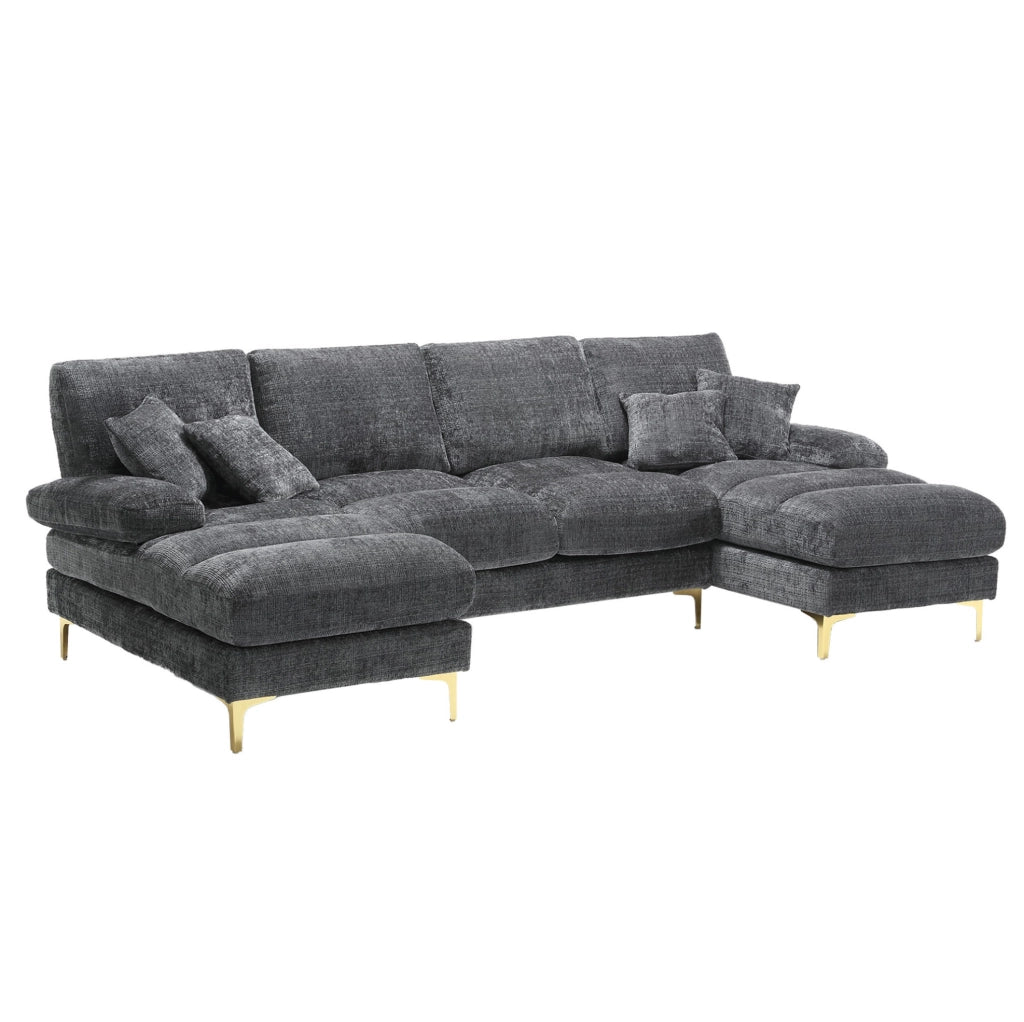 Divano modulare a U in ciniglia grigio con doppia chaise longue