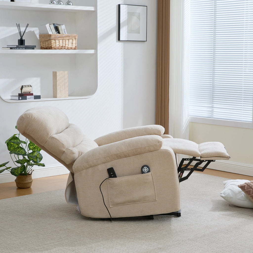 Poltrona Relax Elettrica Massaggiante con Alzapersona ¨C MINIMAL ¨C Reclinabile, Poggiapiedi, Tessuto Kaki Chiaro