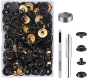 Set di pulsanti 10 pezzi - Pulsanti neri 15 mm - Viti a molla rosmeta - Kit di utensili da mano - Scatola di conservazione - Per abbigliamento/zaini