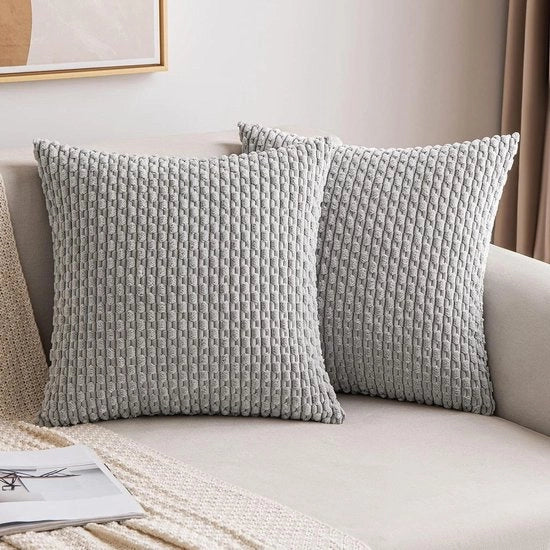 Set di cuscini corduroy in seta, 2 pezzi, grigio chiaro, 45 x 45 cm, decorativo e morbido per divano, soggiorno e camera da letto