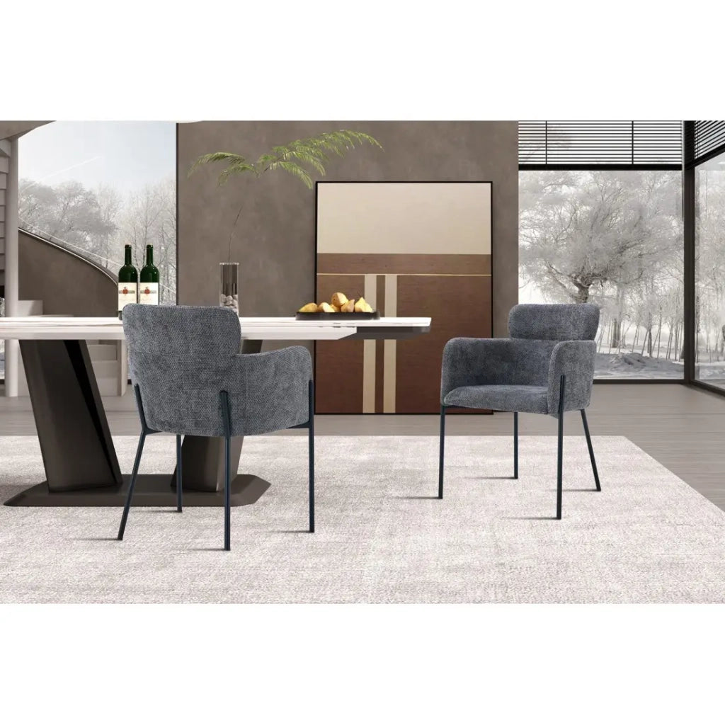 Sedia da pranzo CAMPBELL – Tessuto grigio – Braccioli – Piedi in metallo nero – Stile design / industriale