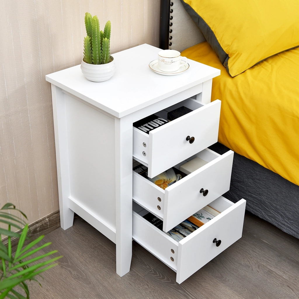 Comodino con 3 cassetti, Cassettiera moderna vicino al letto Bianco