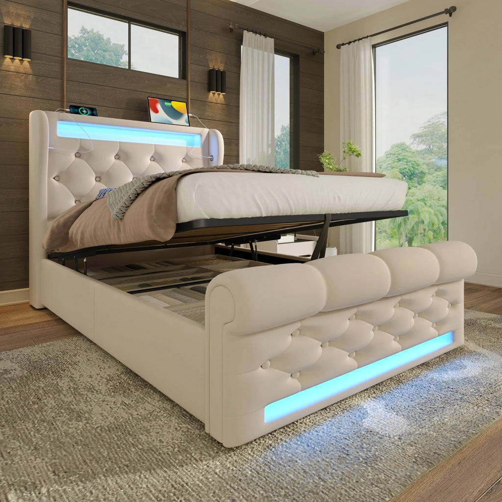LETTO contenitore 90x200 cm in velluto beige con LED, USB e Type-C con materasso