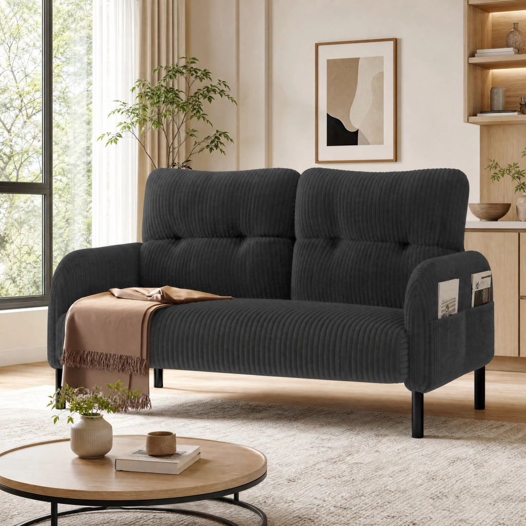DIVANO 2 Posti 120 x 75 x 79 cm in Tessuto a Coste Grigio con Tasche Laterali