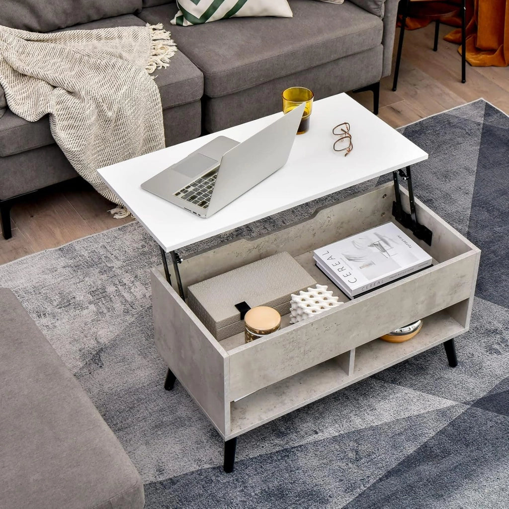 Tavolino da caffè con piano regolabile in altezza, tavolino da caffè con cestino portaoggetti e 2 ripiani aperti, tavolino estraibile con sollevatore a molla, moderno 80 x 40 x 46/60 cm