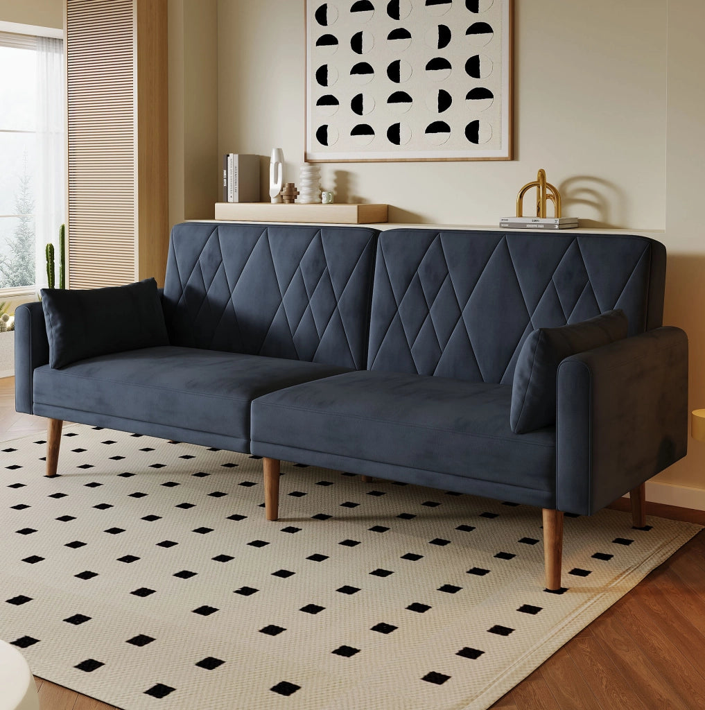 Divano letto a 2 posti in velluto nero; schienale e braccioli regolabili; 180x75x82 cm