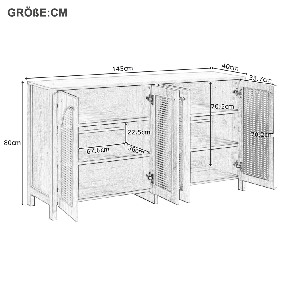 Credenza a 4 ante in MDF e rattan PE; nera