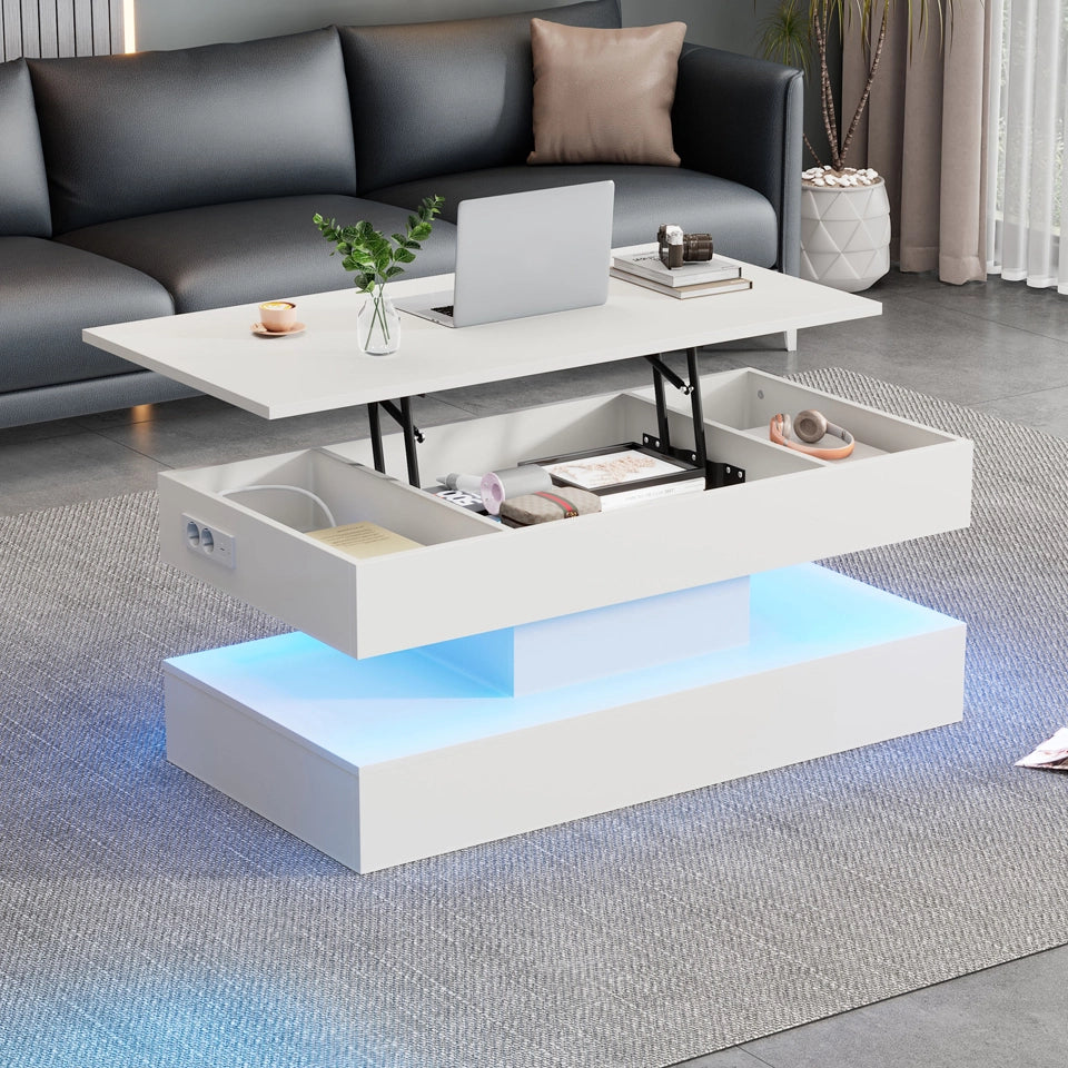 Tavolino da caffè alzabile con vano nascosto e LED - per soggiorno - 100×50×42 cm - bianco