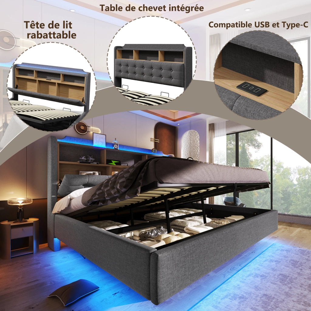 Letto matrimoniale contenitore 180x200 cm effetto sospeso con LED; testiera portaoggetti; USB e USB-C; lino grigio