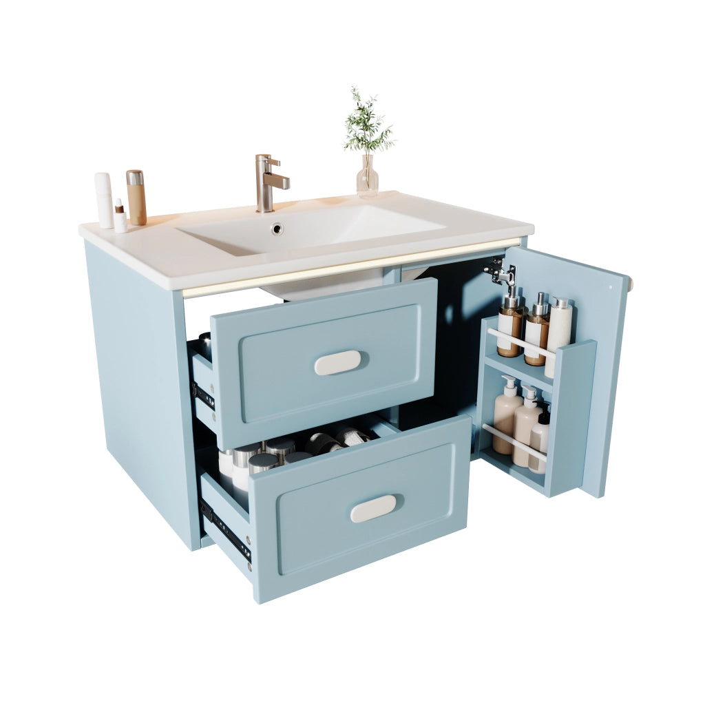 Mobile bagno sospeso 76x46x51 cm blu con lavabo integrato in ceramica, 2 cassetti e luce LED con sensore radar