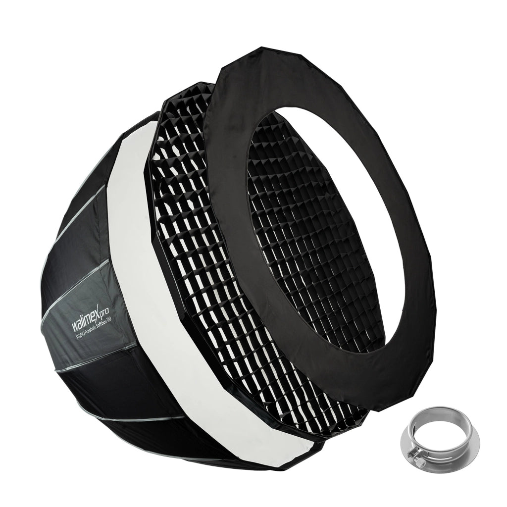 Studio Parabolic Softbox 120 cm + adattatore softbox per Profoto (diametro esterno: 15,2 cm), ruotabile a 360°, con griglia, maschera, adattatore Bowens e borsa per il trasporto