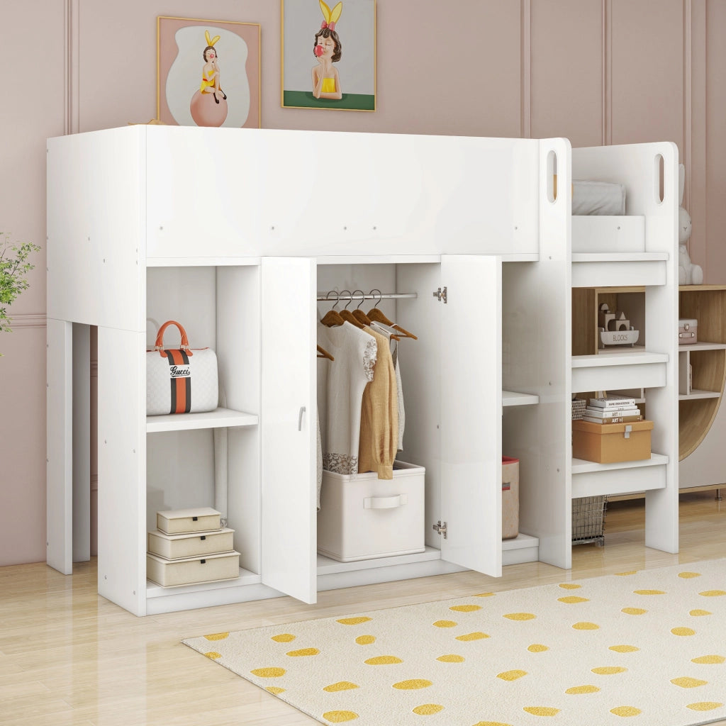 Letto a castello bianco con funzione contenitiva in legno massello 90x200 cm