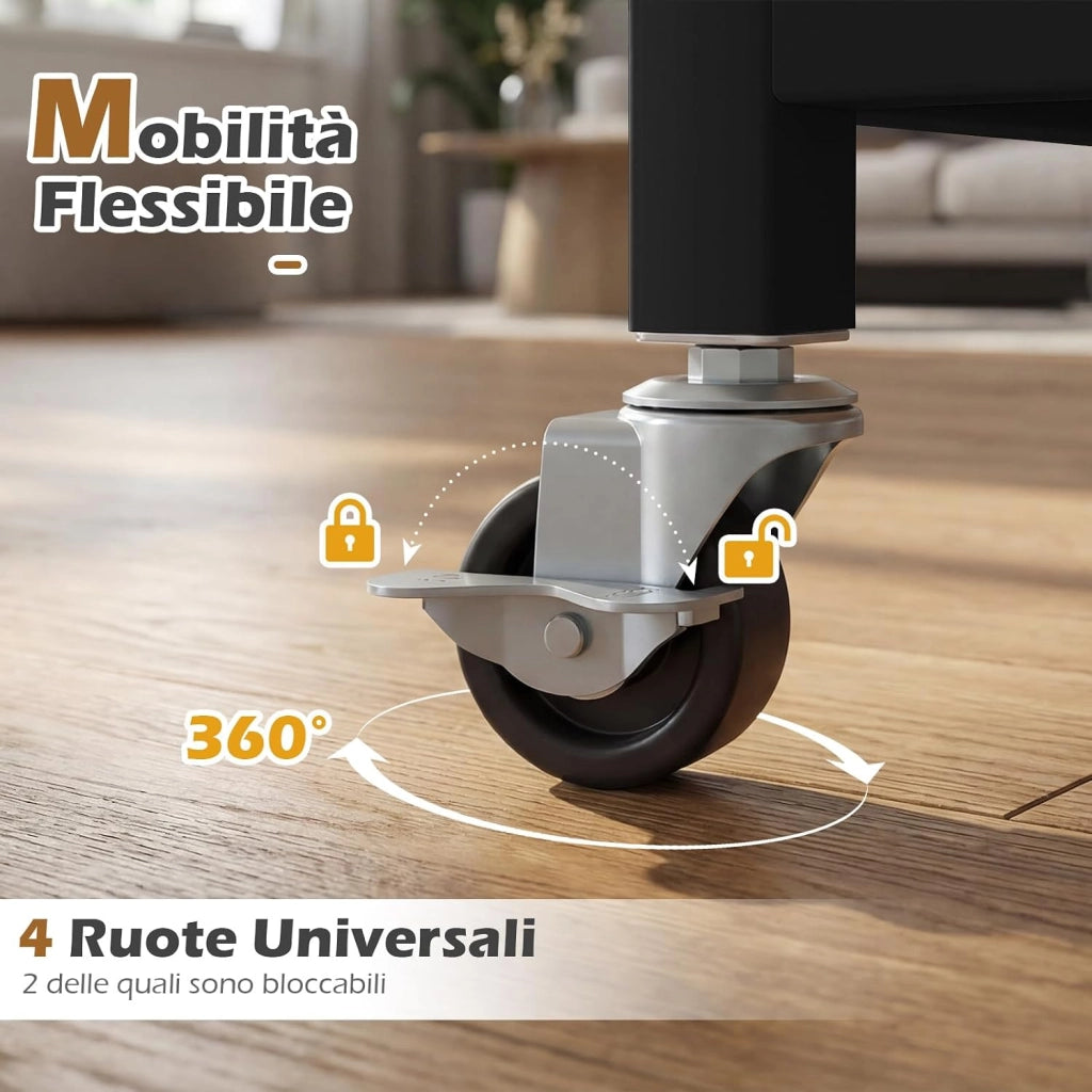 Supporto Porta Stampante con Ruote, Carrello Portaoggetti a 3 Ripiani in Legno, Scaffale Multiuso con 10 Ganci, per Cucina Ufficio, 60,5 x 40 x 110 cm (Marrone)