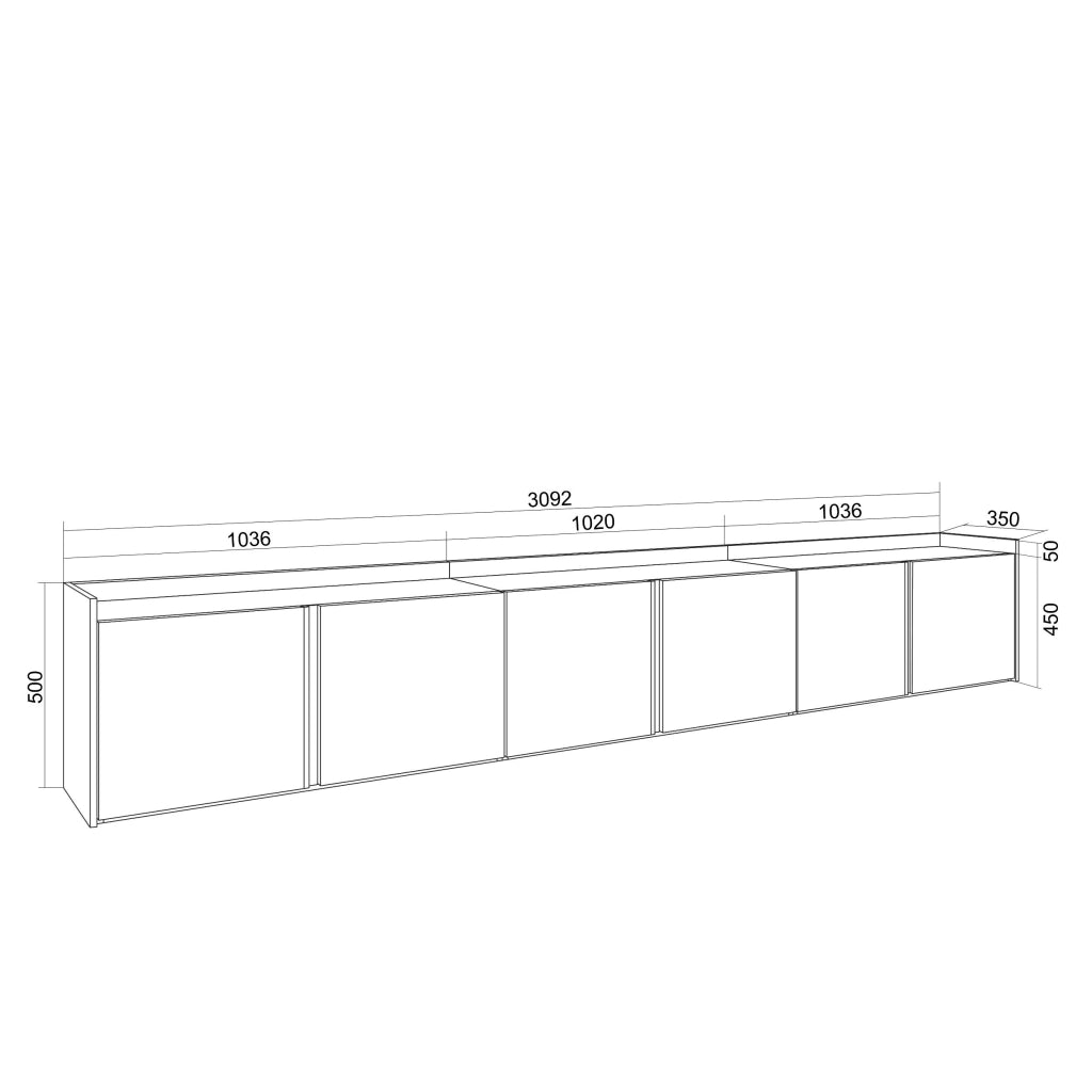 Mobile TV Soggiorno, 309x50x35 cm, Per TV fino a 80", Sospeso, da appendere, Nero e rovere