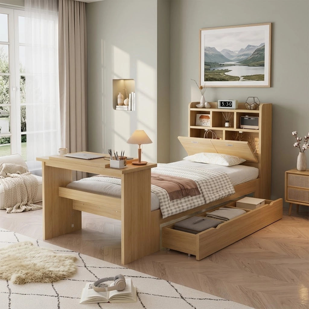 Letto singolo 90x200 cm in legno naturale con contenitore, mensola testiera, tavolo ribaltabile e cassetto reversibile