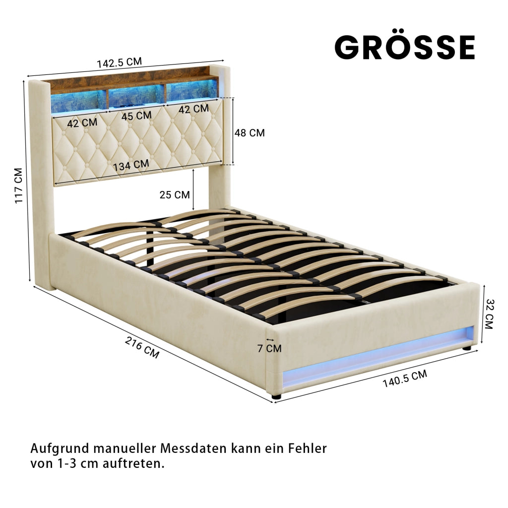 Letto matrimoniale imbottito in velluto beige con rete a doghe 140x200 cm