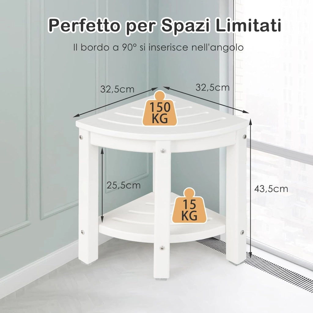 Sgabello Doccia, Sedia da Bagno Angolare in Polietilene con Ripiano, Sedile Multiuso a 2 Livelli per Uso Interno o Esterno, 32,5x32,5x43,5 cm, Capacità di Peso 150 kg (Bianco)