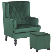 Poltrona con Poggiapiedi Tessuto Velluto Verde Gambe in Legno Stile Wingback