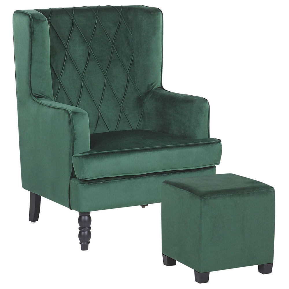 Poltrona con Poggiapiedi Tessuto Velluto Verde Gambe in Legno Stile Wingback