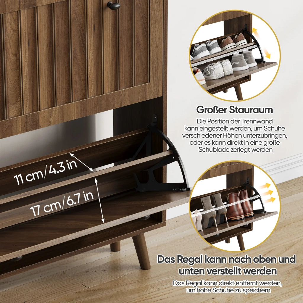 Scarpiera alta 80 cm color noce, design verticale scanalato stile medievale per ingresso e corridoio