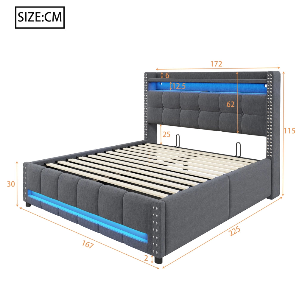 Letto Matrimoniale 160x200 cm; Letto Contenitore con USB; LED e Mensole in Tessuto Grigio