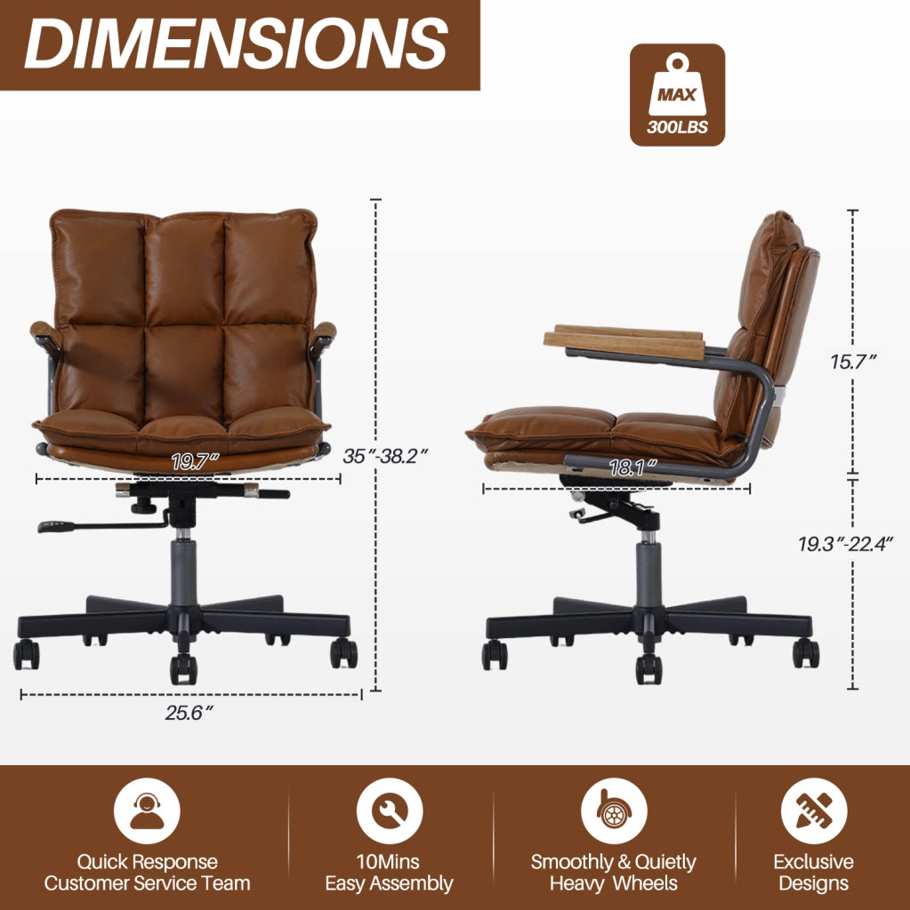 Sedia da ufficio girevole in pelle sintetica marrone; ergonomica e regolabile in altezza