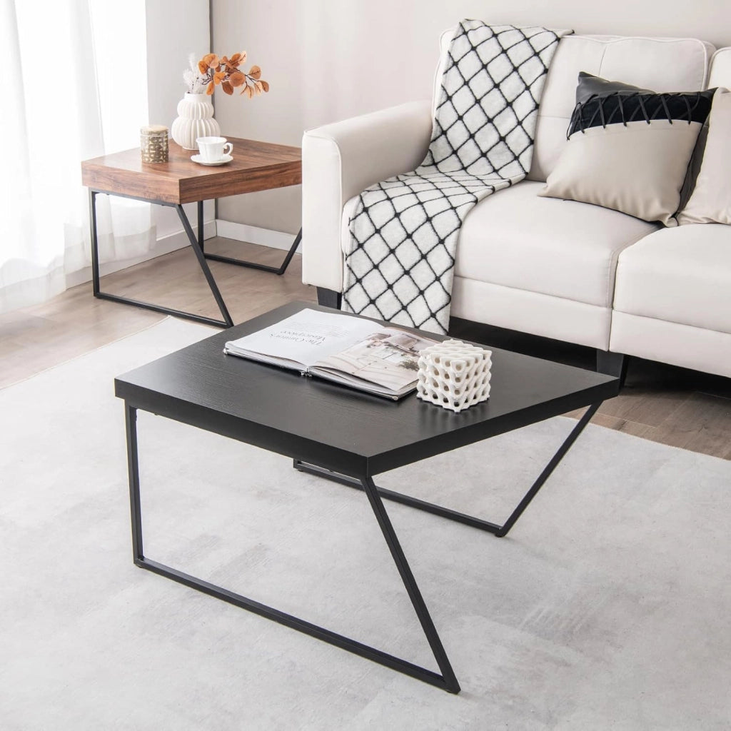 Set di 2 tavolini da caffè con gambe in metallo verniciato a polvere, stile trapezoidale, per soggiorno, ufficio, camera da letto, 120 x 60 x 46 cm, nero e marrone