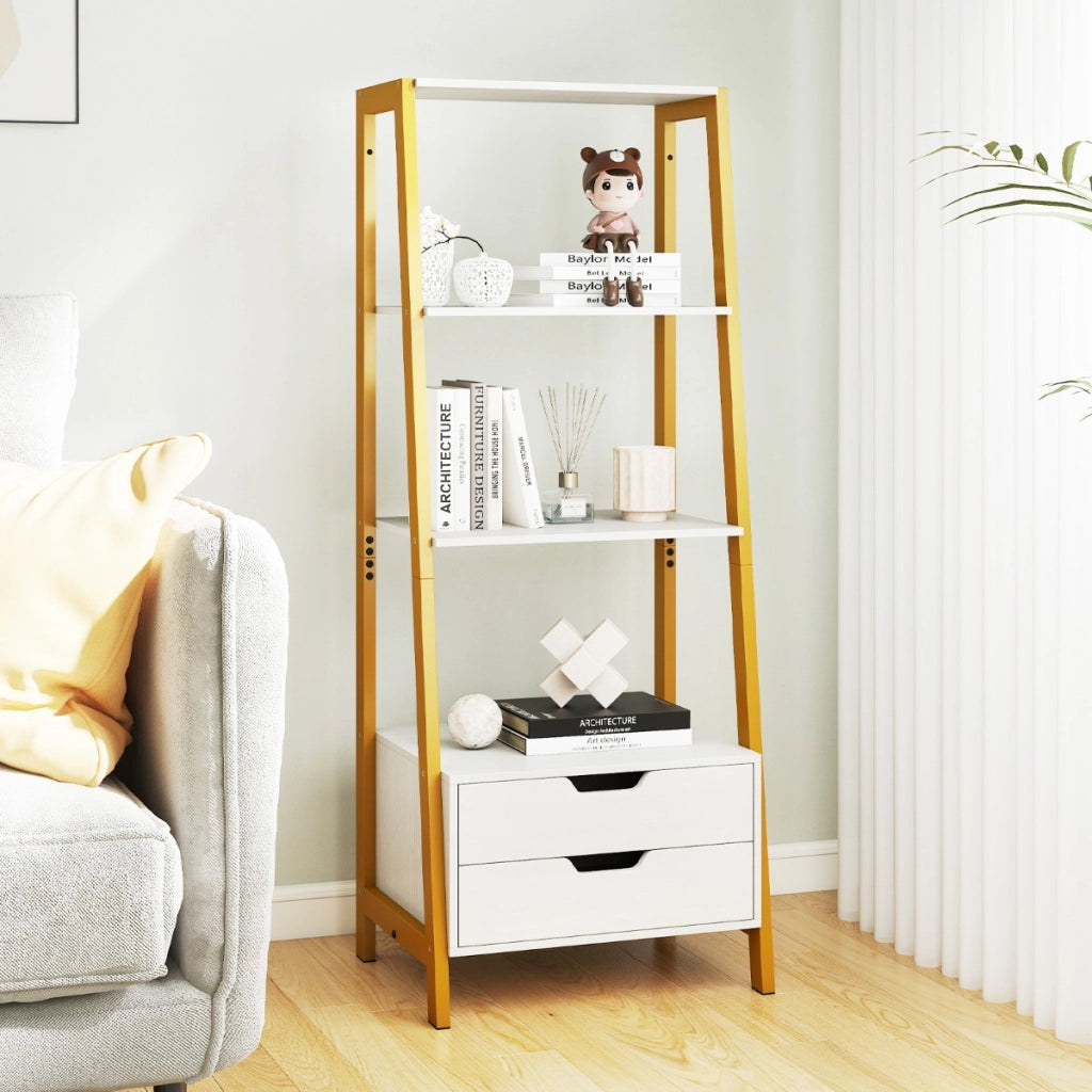 Libreria a scala con cassetti per camera da letto ufficio a casa, Alto scaffale autoportante con 4 ripiani aperti e 2 cassetti Bianco