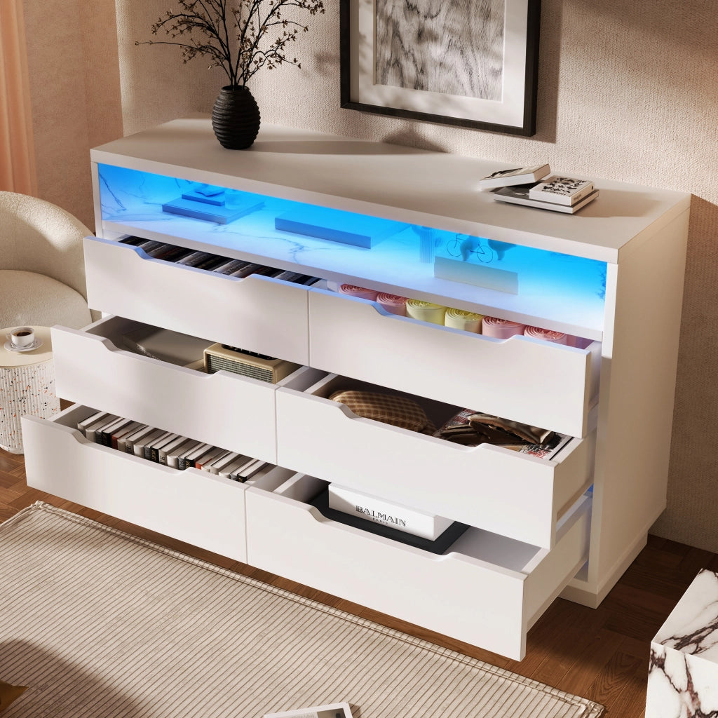 CREDENZA LED 120x40x85 cm Bianca con 6 cassetti