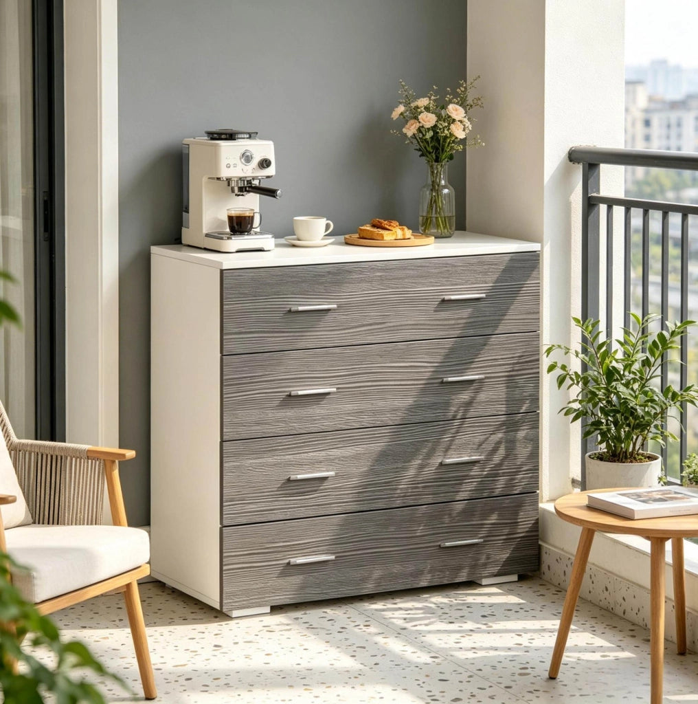 Mobile contenitore con 4 cassetti in truciolare bianco e grigio 76 x 35 x 72 cm