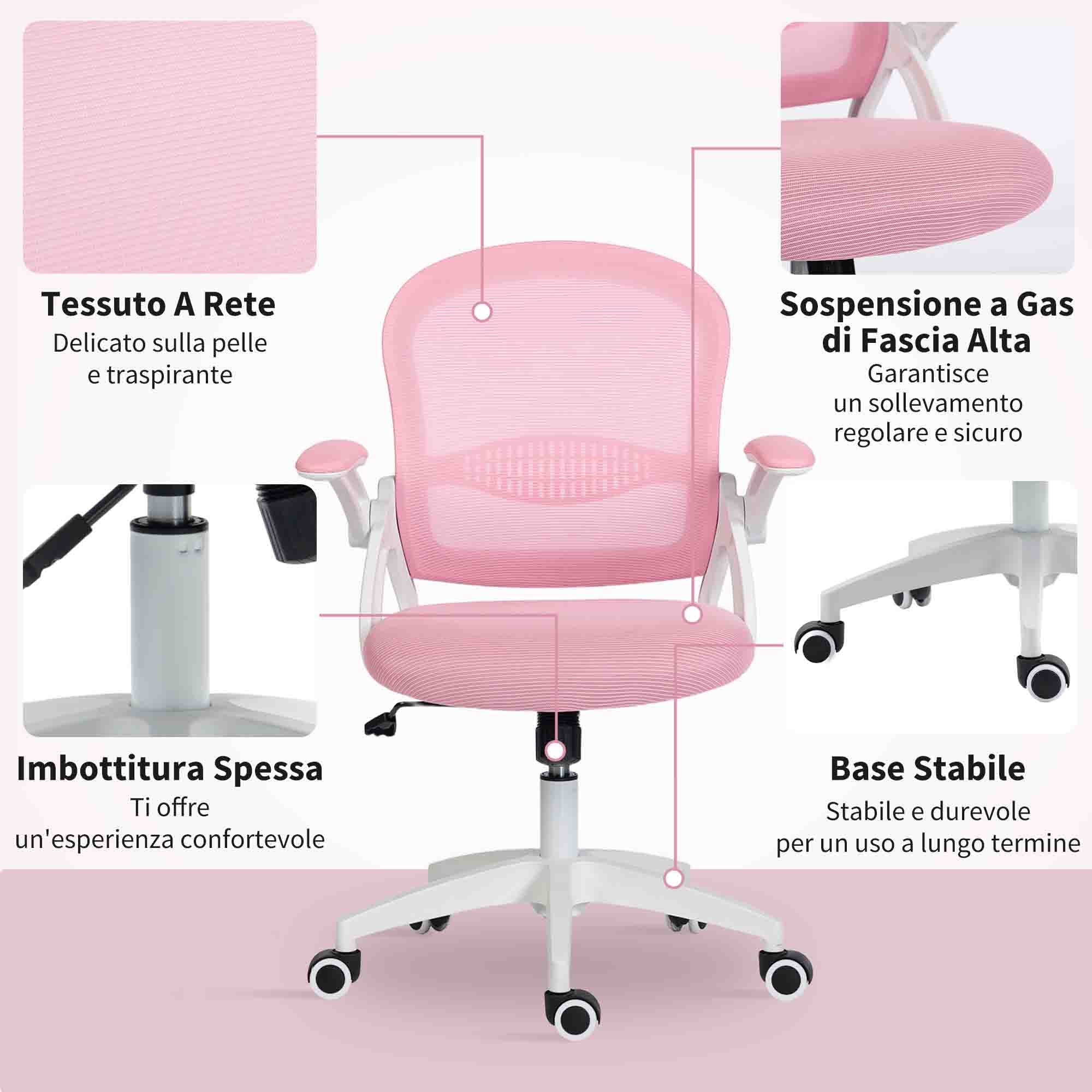 Sedia da Ufficio Ergonomica e Regolabile 65.5x61.5x88-97.5 cm con Schienale a Rete e Seduta Imbottita Rosa