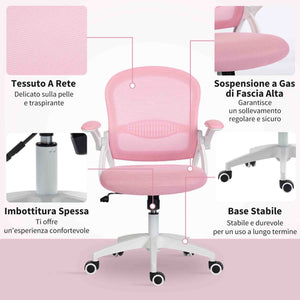 Sedia da Ufficio Ergonomica e Regolabile 65.5x61.5x88-97.5 cm con Schienale a Rete e Seduta Imbottita Rosa