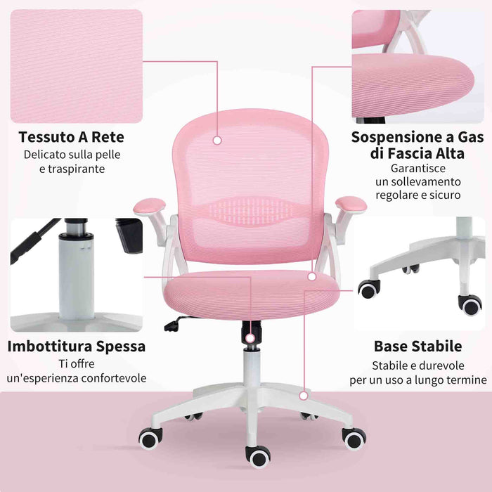 Sedia da Ufficio Ergonomica e Regolabile 65.5x61.5x88-97.5 cm con Schienale a Rete e Seduta Imbottita Rosa