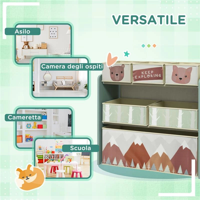 SCAFFALE PORTAGIOCHI PER BAMBINI CON 6 CONTENITORI RIMOVIBILI IN TESSUTO, 63X30X66CM, VERDE